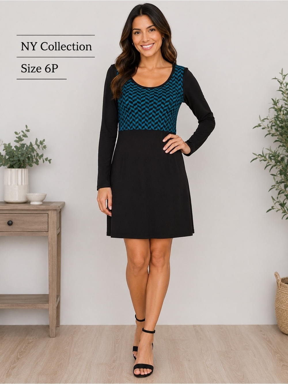 NY COLLECTION black/green Sweater cozy winter fall crochet style dress/size 6P